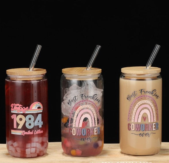 16oz Drinking Glass Cup with Bamboo Lid and Glass Straw