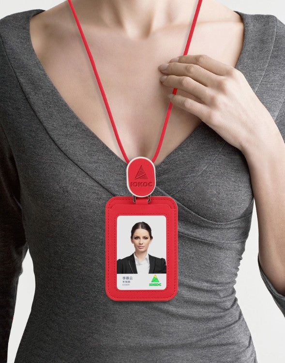 Leather Employee's ID Badge Holder Card Holder With Telescopic Lanyard