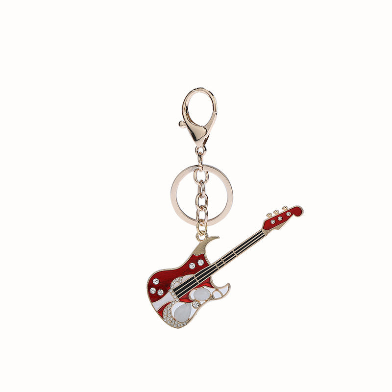 Diamond Studded Electric Guitar Keychain W/Oval Metal Tag