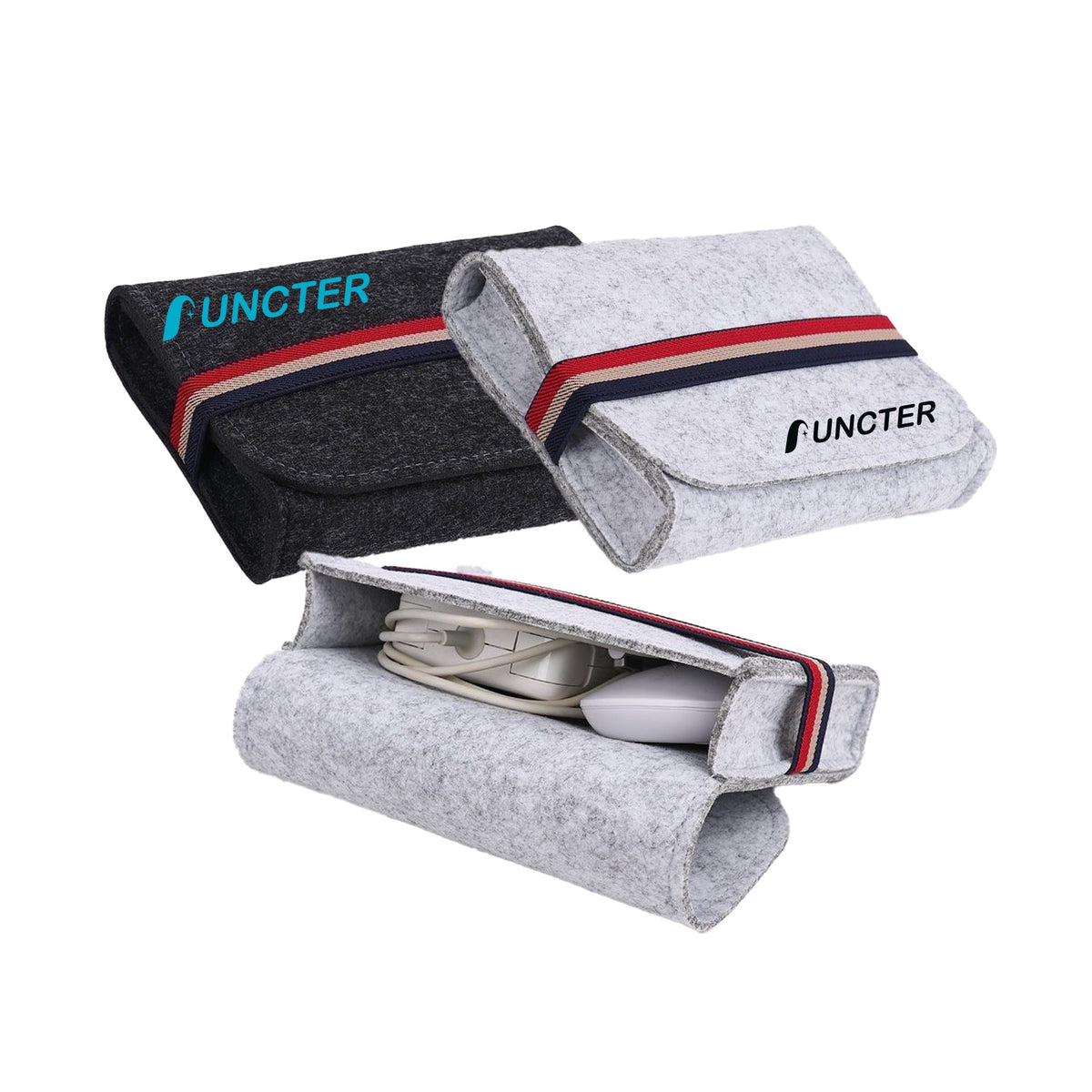 Roll-Up Felt Digital Accessories Organizer Pouch W/ Striped Elastic Band