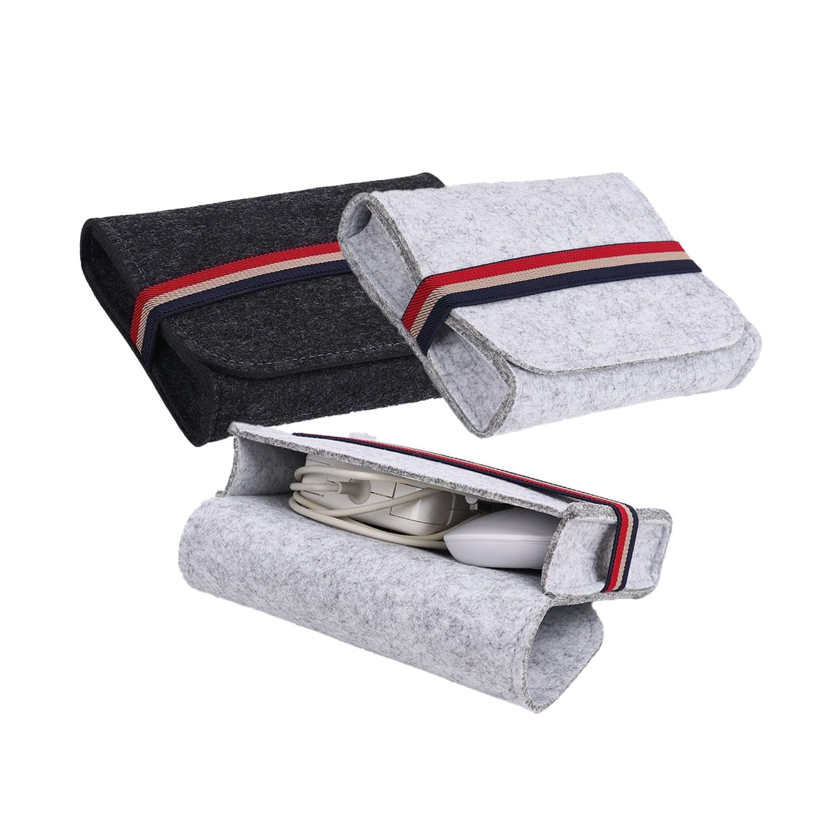 Roll-Up Felt Digital Accessories Organizer Pouch W/ Striped Elastic Band