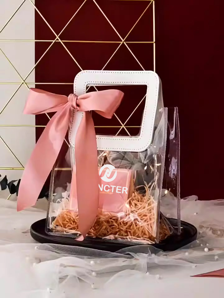 Widen PVC Transparent Reusable Gift Wrap Bag Tote Bag W/ Rectangular Handle