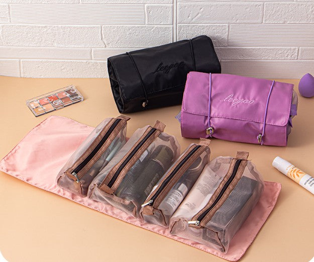 Roll Up Makeup Bag Foldable Portable Travel Cosmetic Organizer W/ Removable Mesh Storage Cases