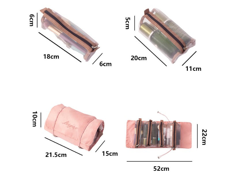 Roll Up Makeup Bag Foldable Portable Travel Cosmetic Organizer W/ Removable Mesh Storage Cases