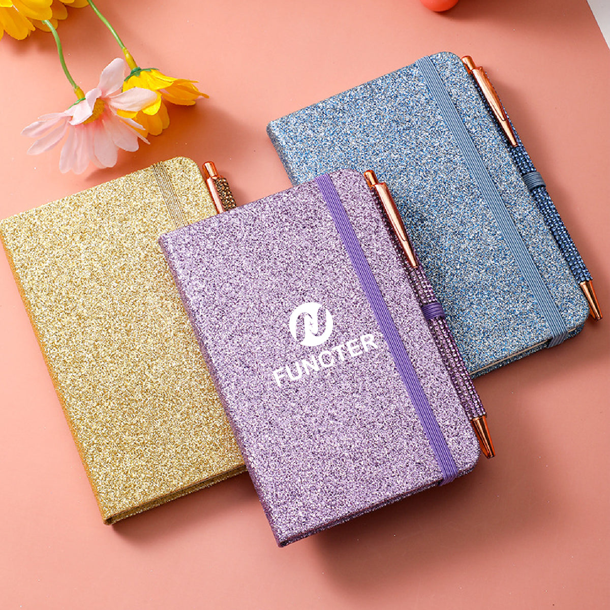 Glitter Notebook A6 Ruled Lines Journal w/Band Pen Loop Hardcover Pocket Notebook