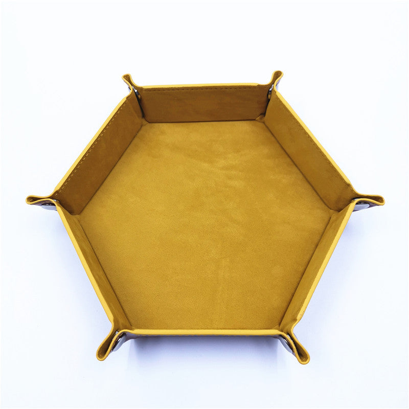 7'' x 7'' Hexagonal Foldable PU Leather Dice Tray / Valet Tray, Portable Multi-Purpose Storage Tray