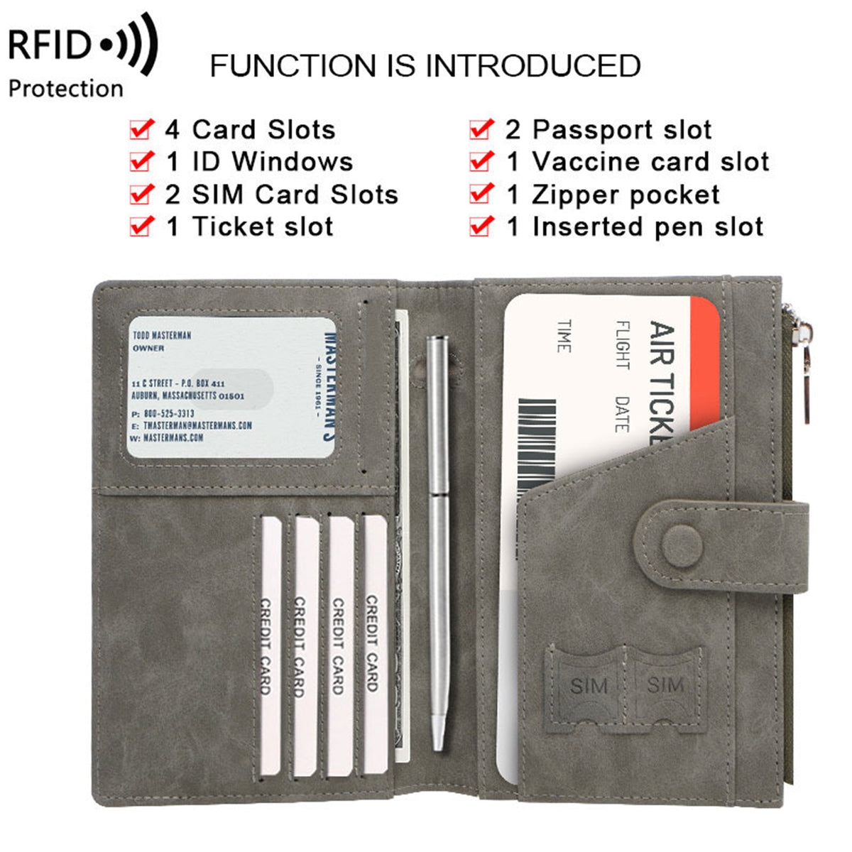 Multi Compartment Travel Wallet PU Leather RFID Passport Cover