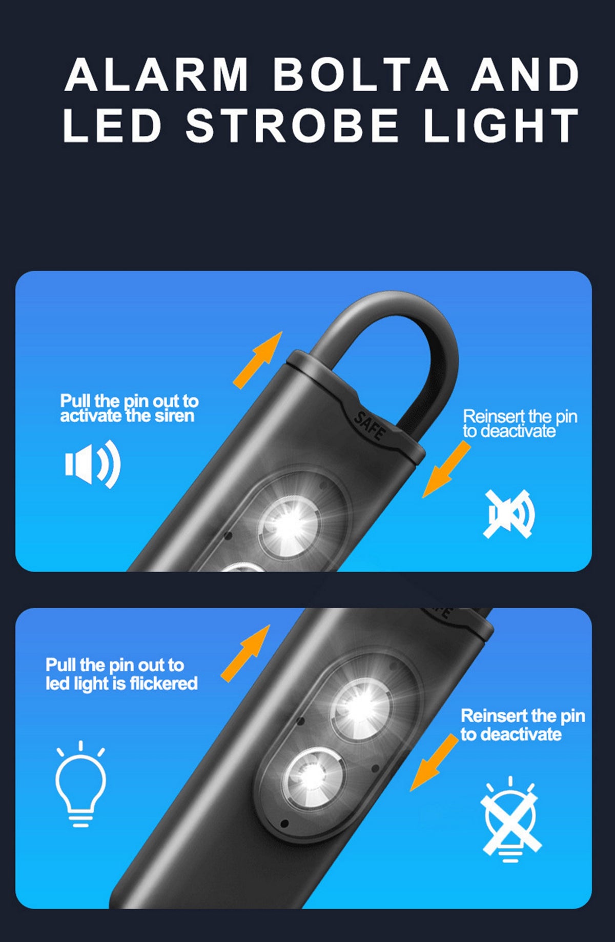 130dB Self Defense Keychain Alarm with SOS Strobe Light