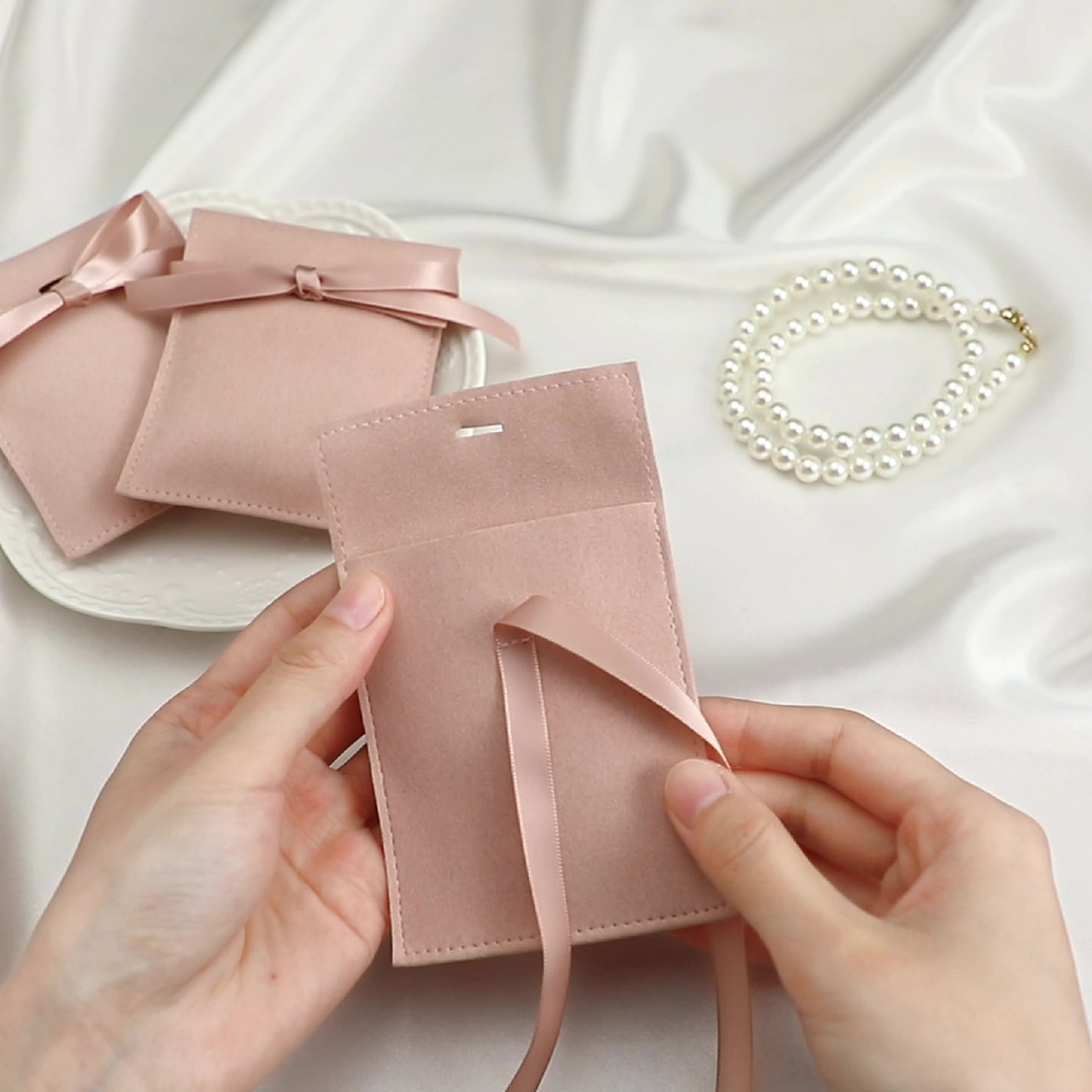 3.2" Elegant Suede Micro Fiber Jewelry Pouch Ribbon Bow Tie Closure Boutique Gift Pouch