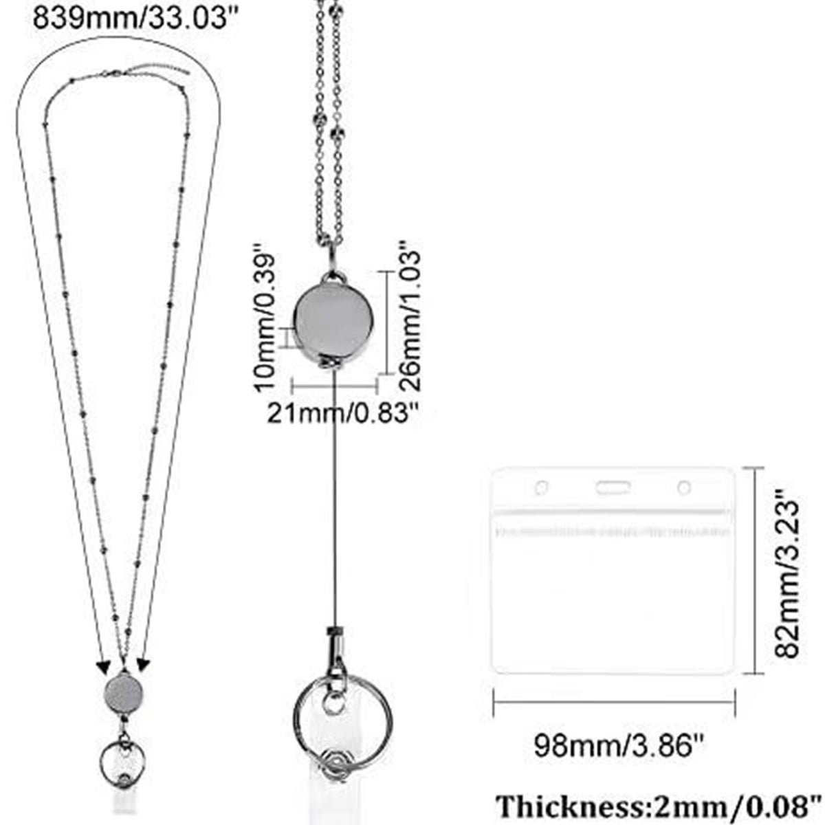 Retractable Stainless Steel Necklace Lanyard Badge Holder with Transparent ID Card Holder