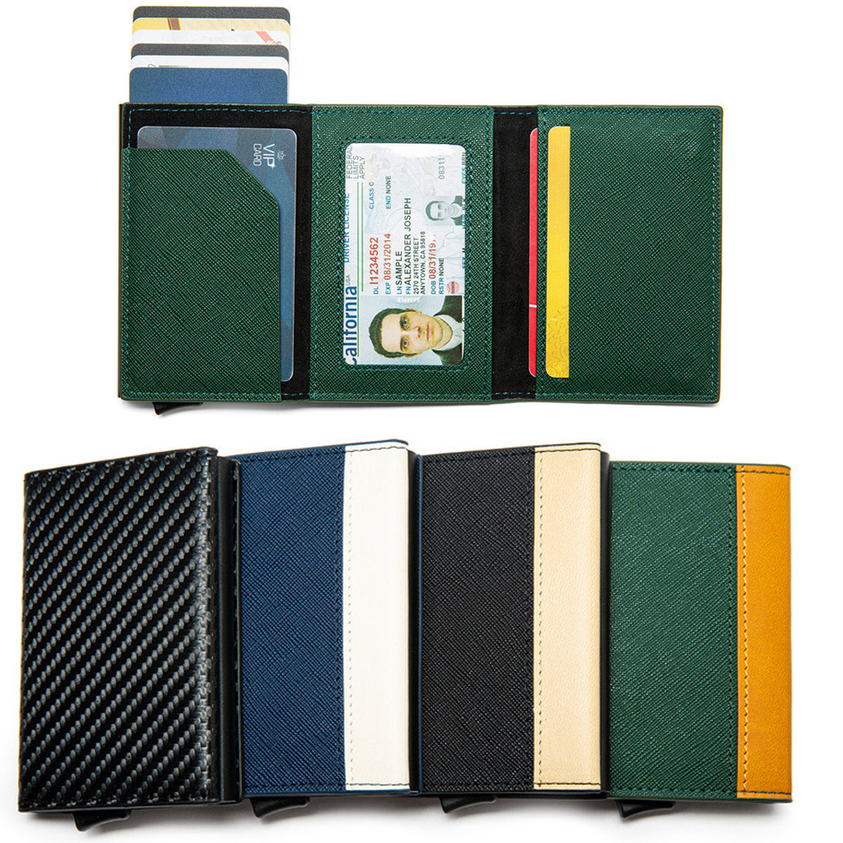 PU Three Split Joint Wallet Money Clip Pop-up Function Alloy Card Box RFID