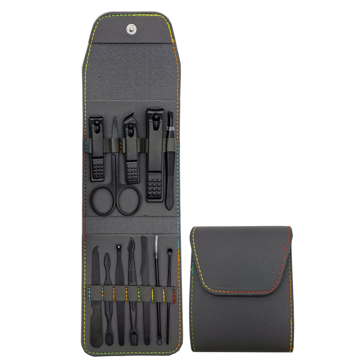 Black Carbon Steel 12 Pieces Manicure Set W/ PU Case