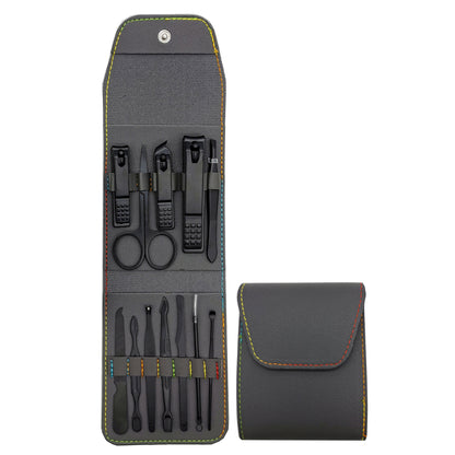Black Carbon Steel 12 Pieces Manicure Set W/ PU Case