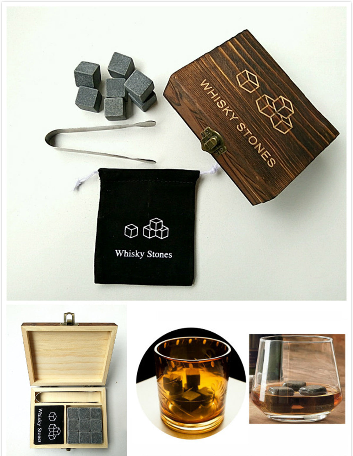 Whiskey 9 pcs Stones Wood Box Gift Set