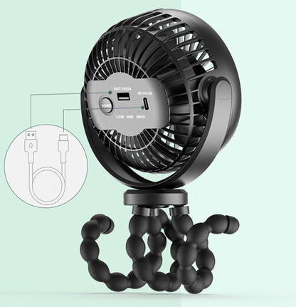 Mini Octopus Fan, USB Charging Portable Fans, 6" Quiet Desk Fan Black, 3 Speeds Strong Airflow