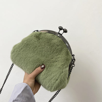 Imitation Fur Plush Velvet Practical Clip Shoulder Bag Semicircular Chain Clip Bag Messenger Bag