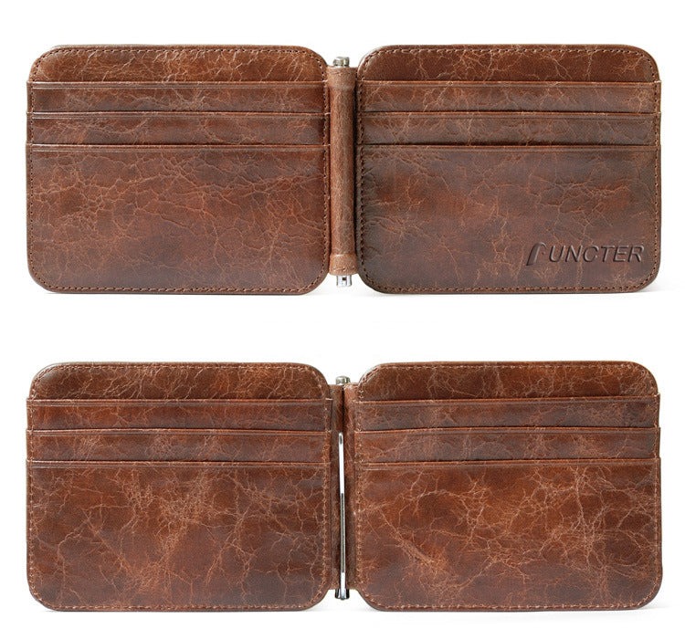 12 Card Holders Retro Leather Wallet Money Clip W/ Metal Clip