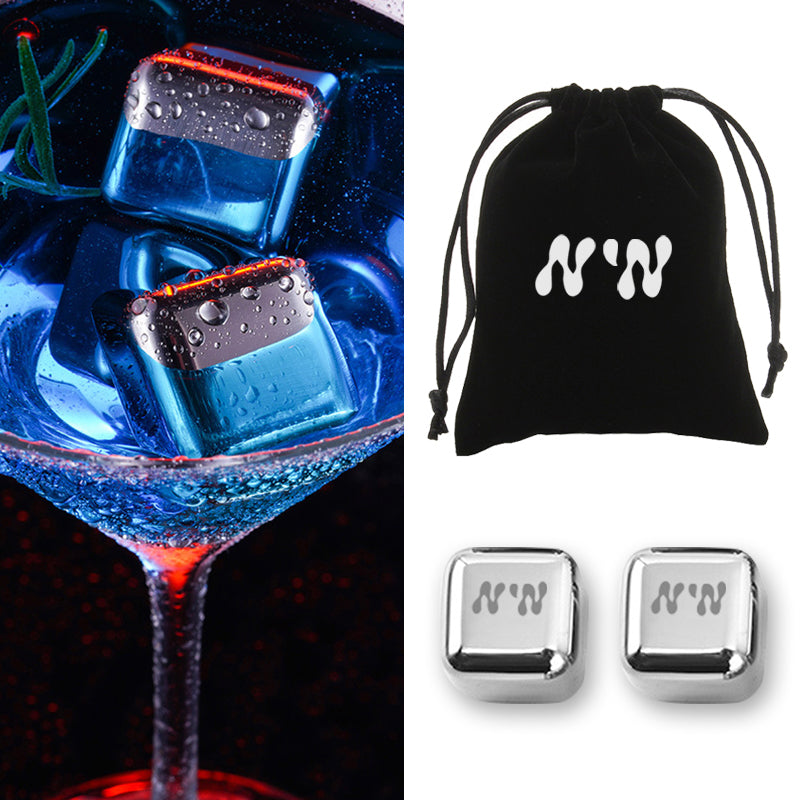 2 pcs Stainless Steel Wine Ice Cube W/ Velvet String Bag