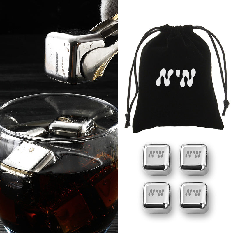 4 pcs Stainless Steel Wine Ice Cube W/ Velvet String Bag