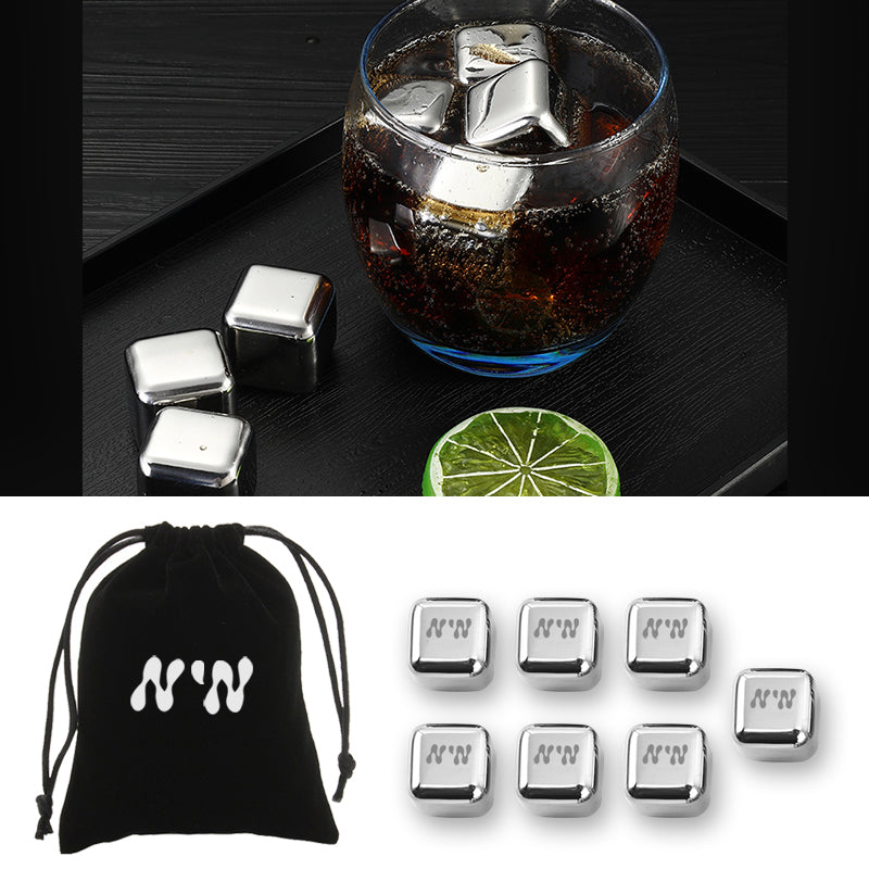 7 pcs Stainless Steel Wine Ice Cube W/ Velvet String Bag