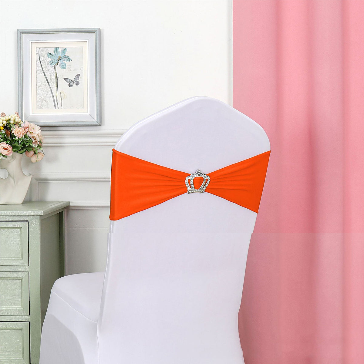 Chair Sashes Bow Satin Bowknot Stretchy Bands Chair Bowknot W/ Crown Diamond Buckle