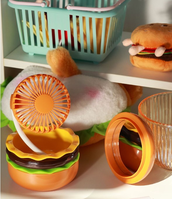 Hamburger Shape Rechargeable Mini Handheld Fan With Mirror