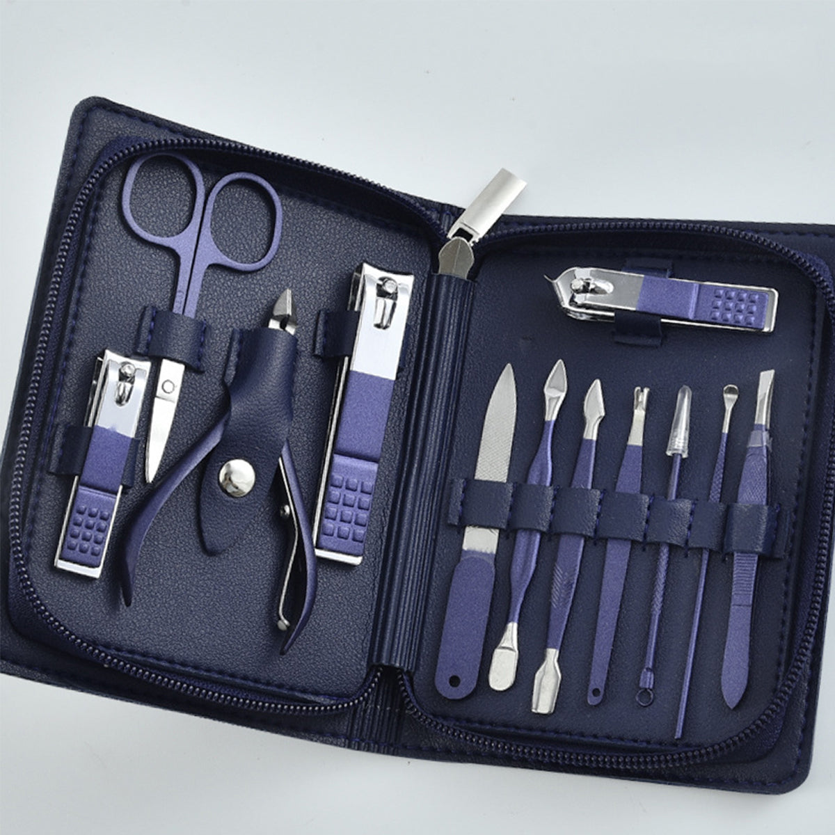 Blue Color 12 Pieces Manicure Set W/ Zipper PU Case