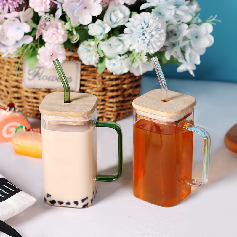 17oz Drinking Glass Cup with Bamboo Lid and Glass Straw