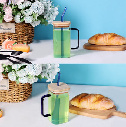 17oz Drinking Glass Cup with Bamboo Lid and Glass Straw