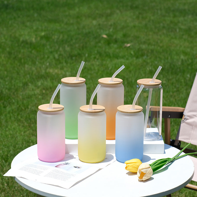 12oz Drinking Glass Cup with Bamboo Lid and Glass Straw
