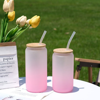 12oz Drinking Glass Cup with Bamboo Lid and Glass Straw