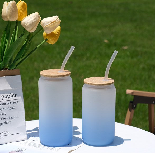 12oz Drinking Glass Cup with Bamboo Lid and Glass Straw
