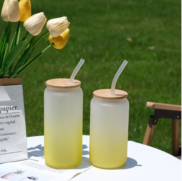 12oz Drinking Glass Cup with Bamboo Lid and Glass Straw