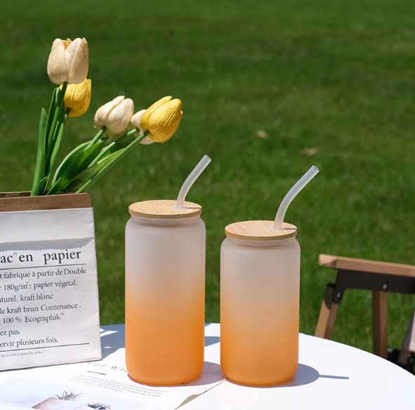 12oz Drinking Glass Cup with Bamboo Lid and Glass Straw