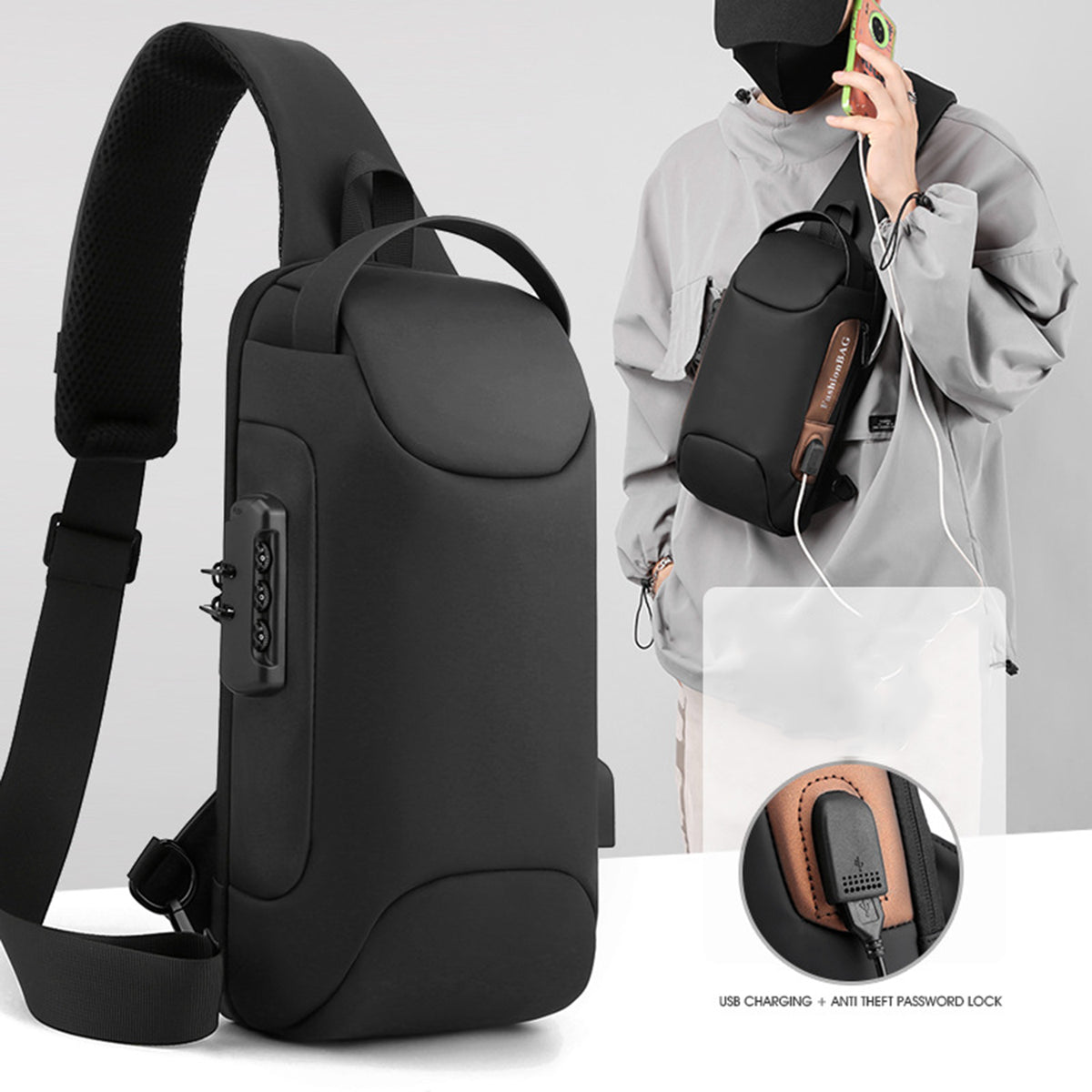 Anti theft Sling Backpack with Lock Shoulder Crossbody Backpack W/ USB Charging Port
