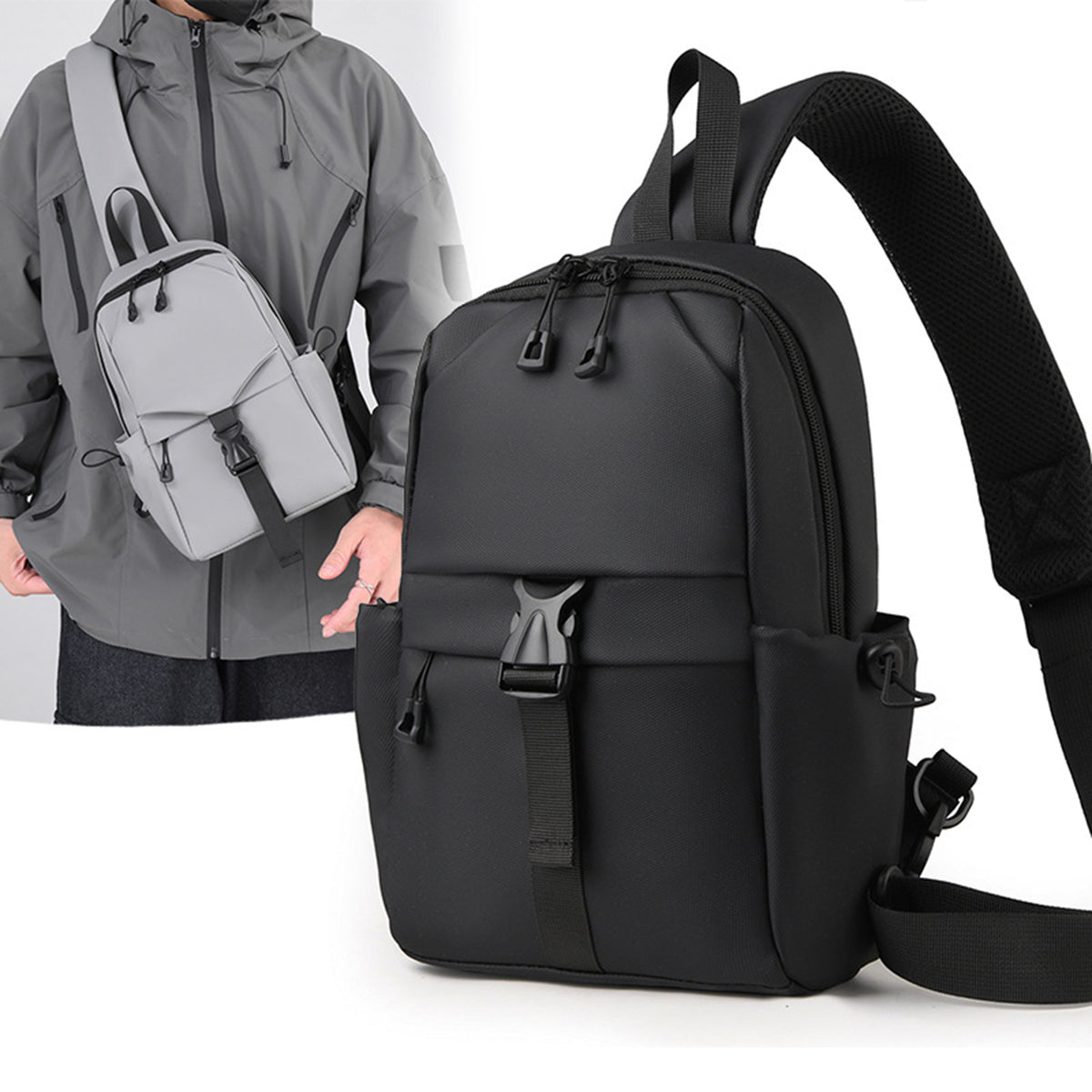 Nylon Sling Backpack Water Resistant Shoulder Chest Crossbody With Both Sides Pocket