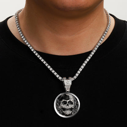 Silver Tennis Chain Silver Skull Pendant Necklace Diamond Studded Necklace
