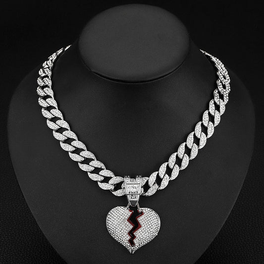 Silver Cuban Chain Silver Broken Heart Pendant Necklace Diamond Studded Necklace