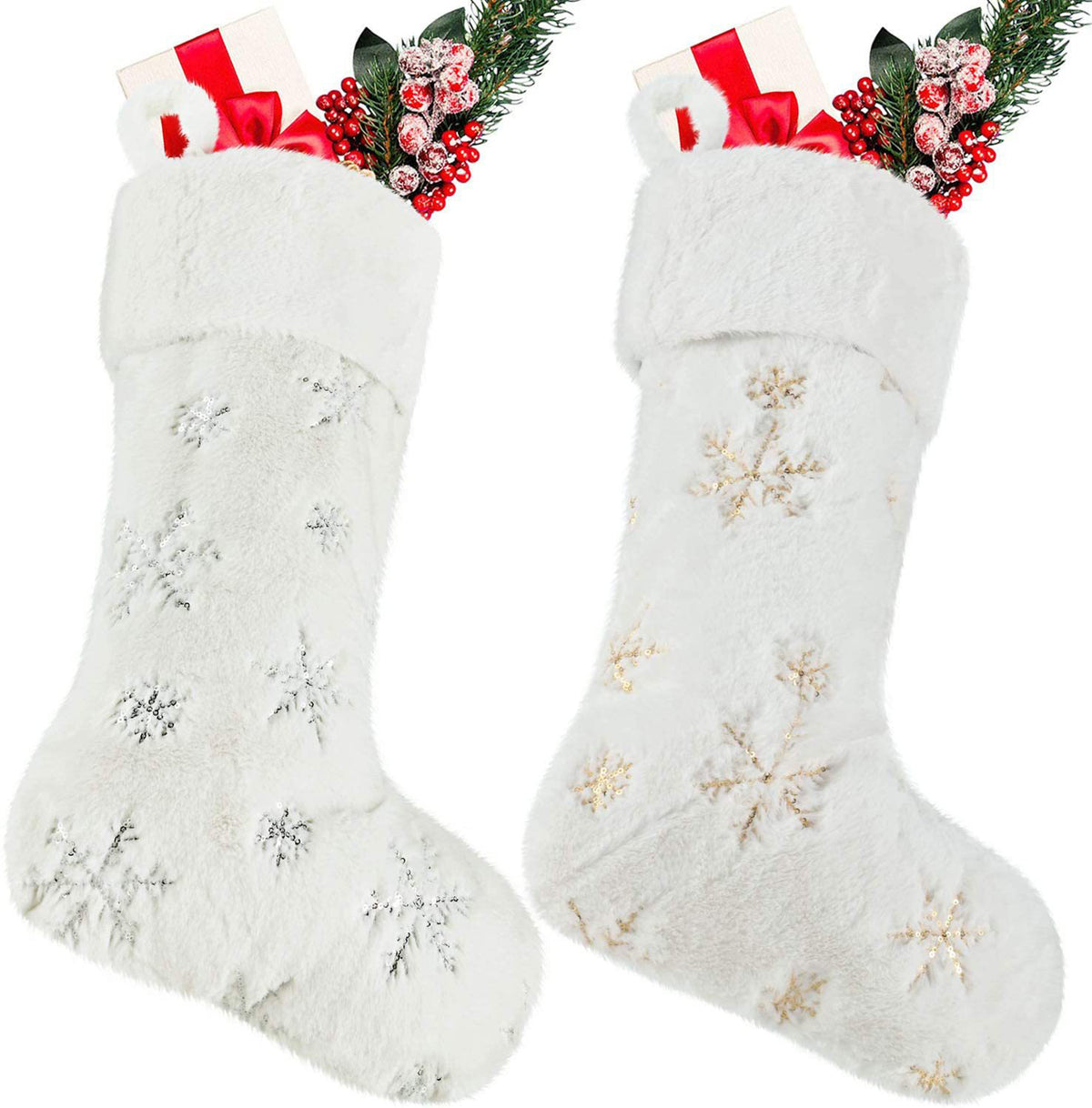 White Christmas Stockings Christmas Stockings with Silver & Gold Sequin Snowflakes