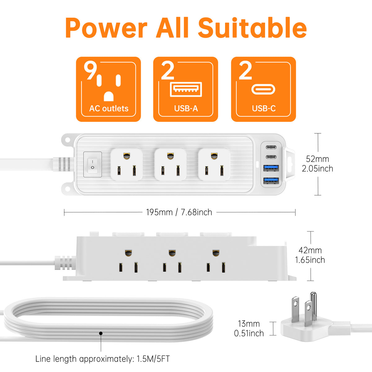 45 Degree Plug 9 Ports 2 USB 2 PD Multiple Function Wall Charger Mold#PC-18