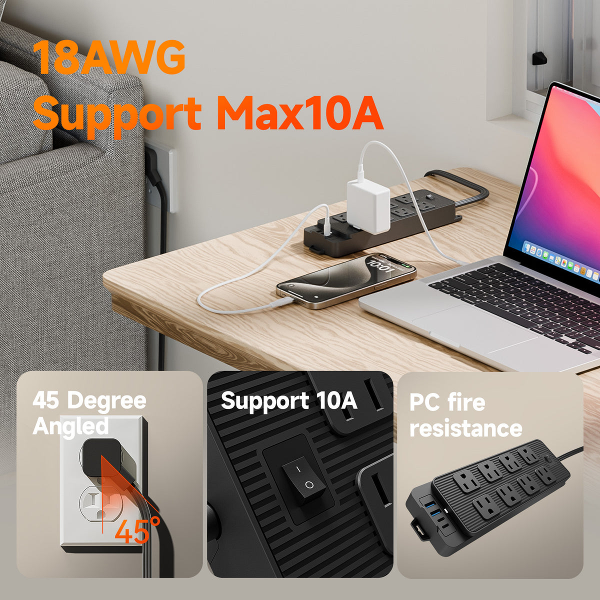 45 Degree Outlet Extender 8 DC Ports 2 USB 2 PD Multiple Function Wall Charger Mold#PC-22