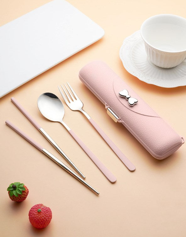 Portable 304 Stainless Steel Spoon Fork Chopsticks Tableware Set