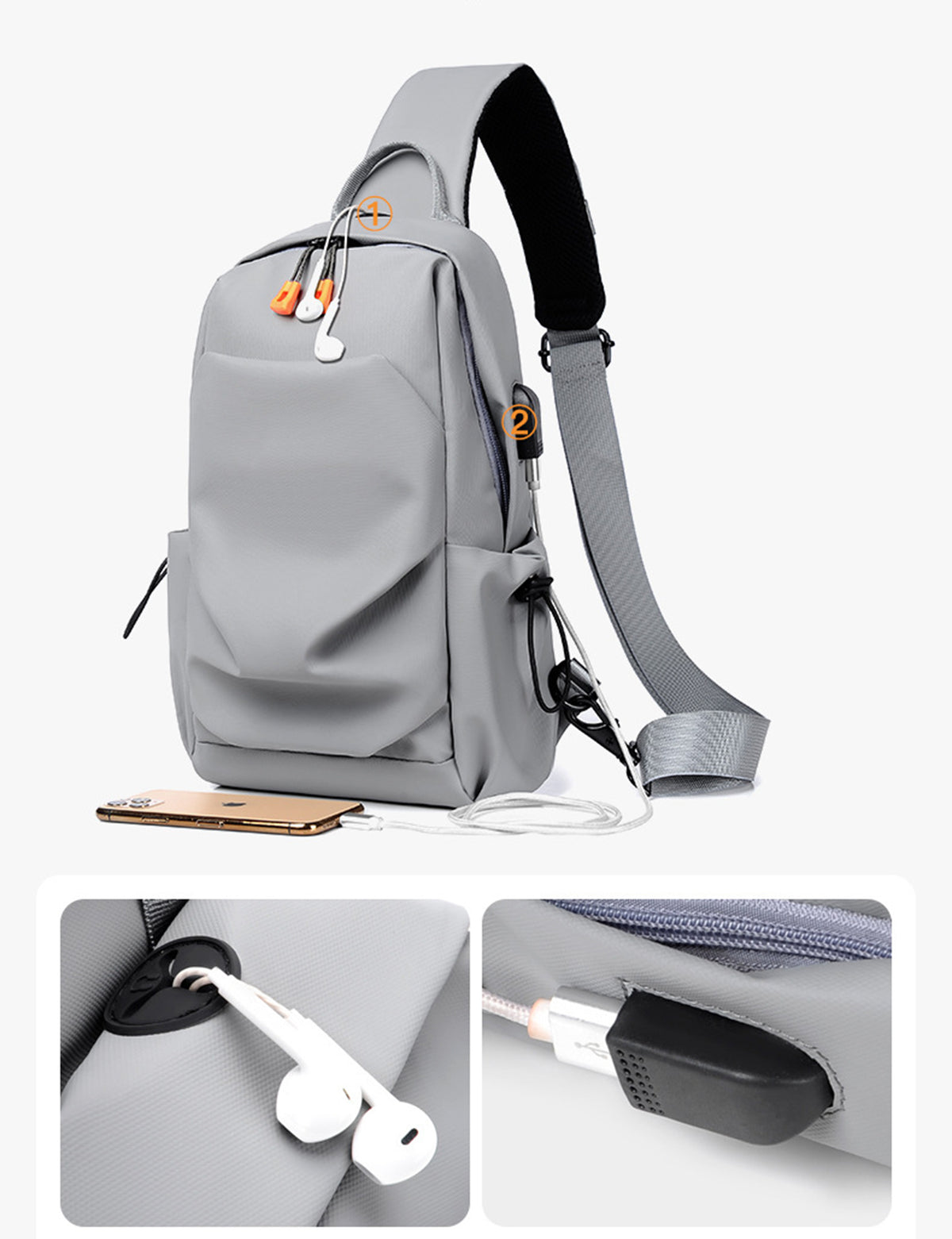 Crossbody Bags Sling Backpack Shoulder Bag Chest Bag Travel Hiking Daypack W/USB Charger Port