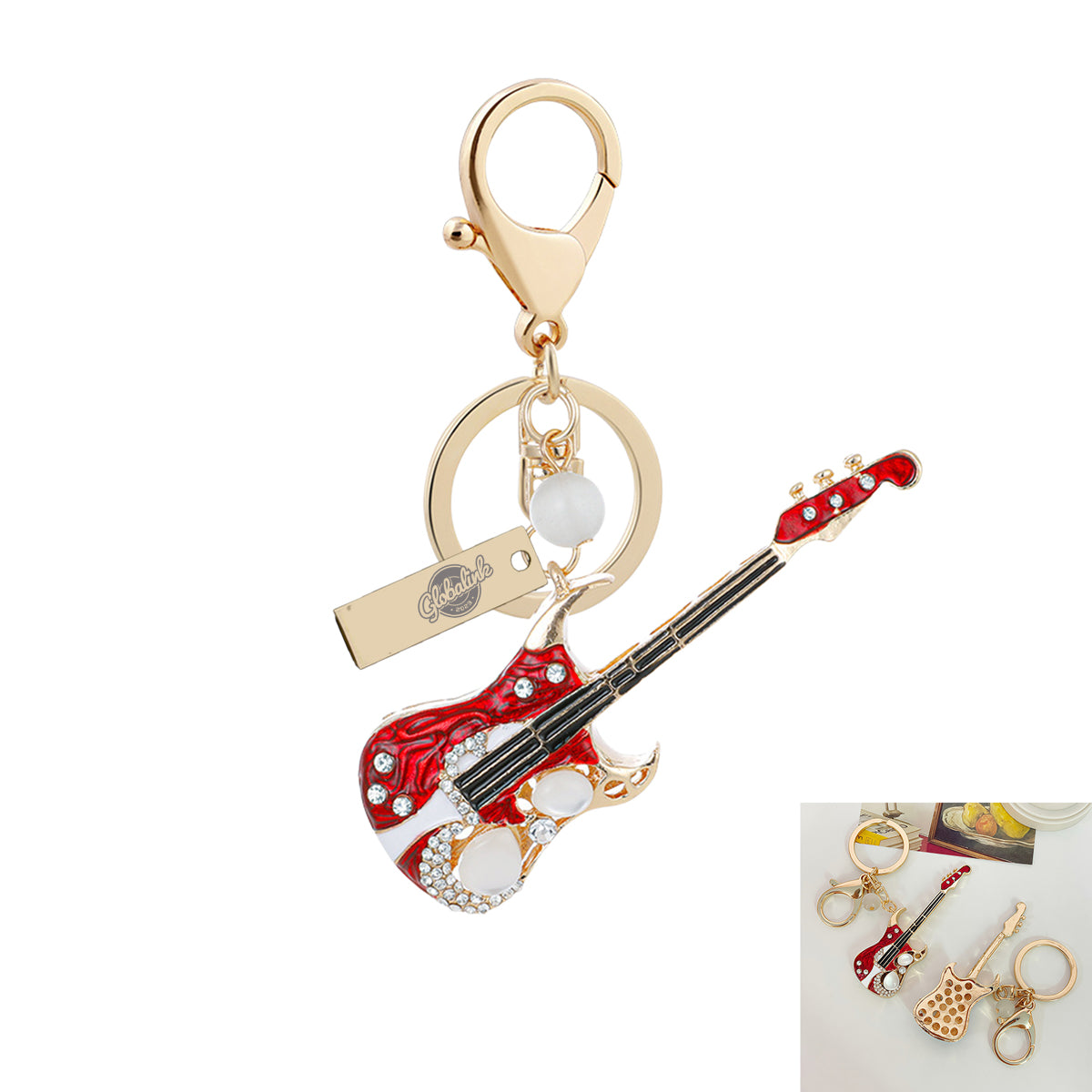 Diamond Studded Electric Guitar Keychain W/Bar Shape Metal Tag