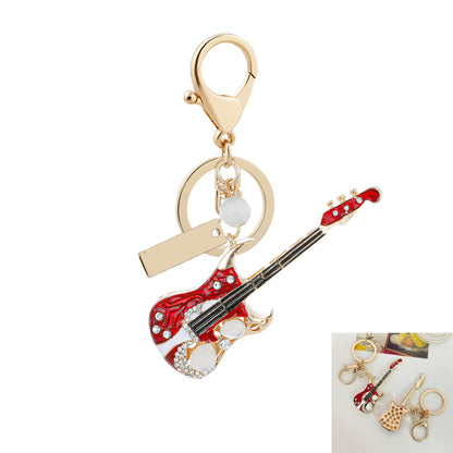 Diamond Studded Electric Guitar Keychain W/Bar Shape Metal Tag