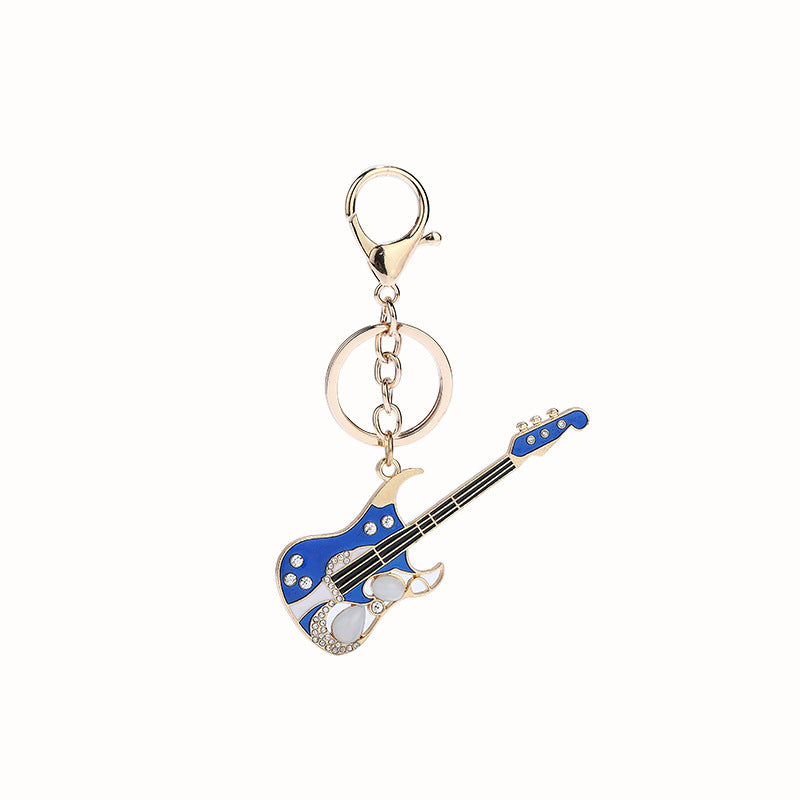 Diamond Studded Electric Guitar Keychain W/Bar Shape Metal Tag
