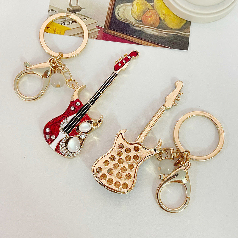 Diamond Studded Electric Guitar Keychain W/Bar Shape Metal Tag