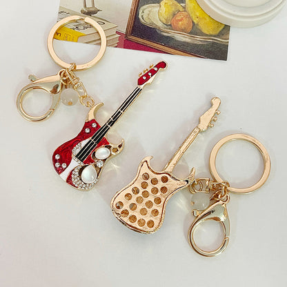 Diamond Studded Electric Guitar Keychain W/Bar Shape Metal Tag