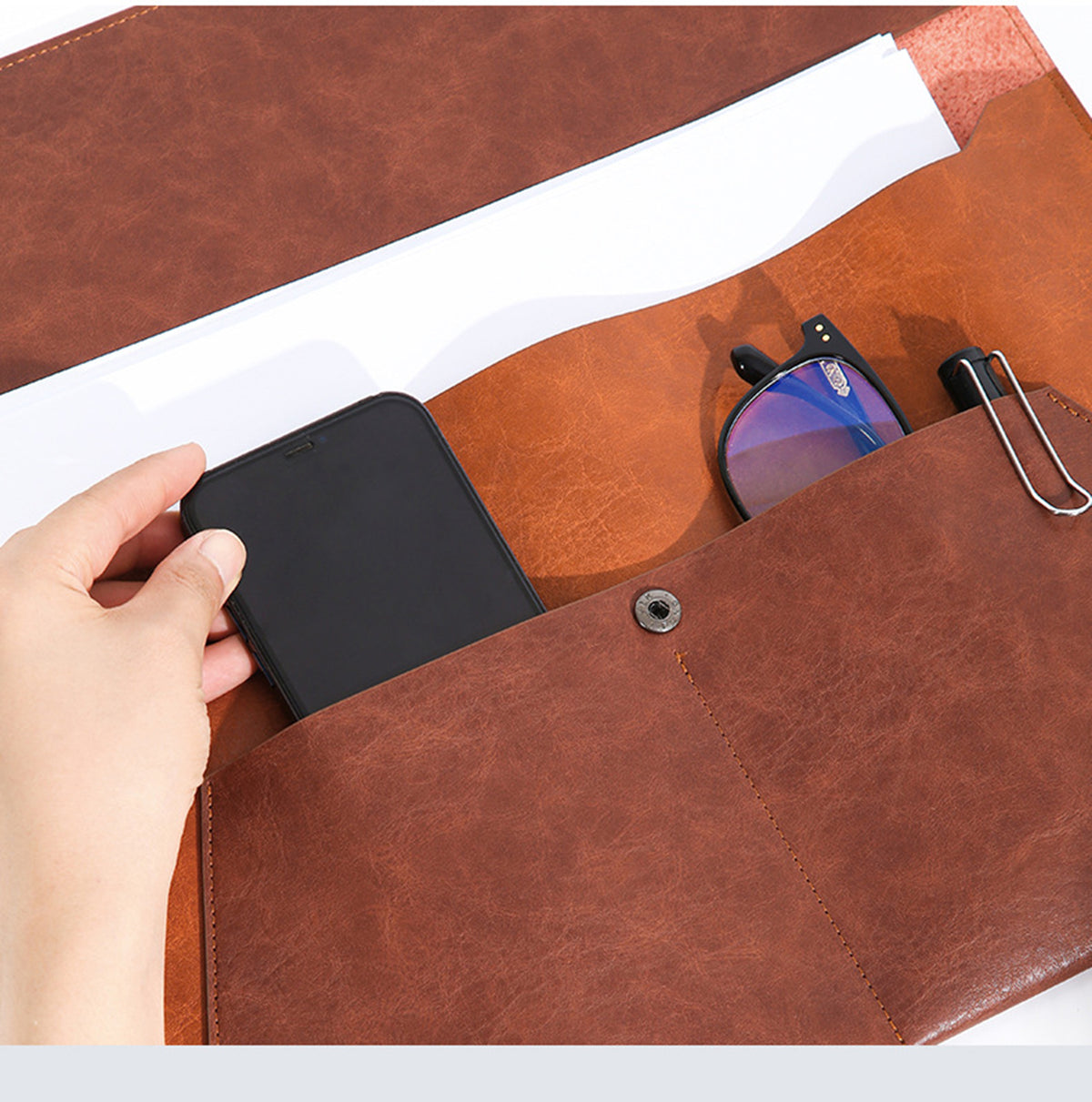 PU Leather A4 Envelope File Organiser Document Bags W/ Magnetic Snap Closure