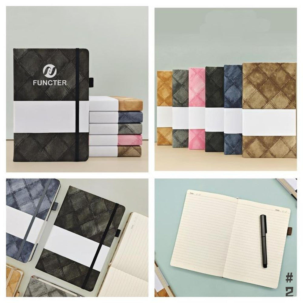A5 Denim Grid Pattern Lined Notebook W/ Elastic Band